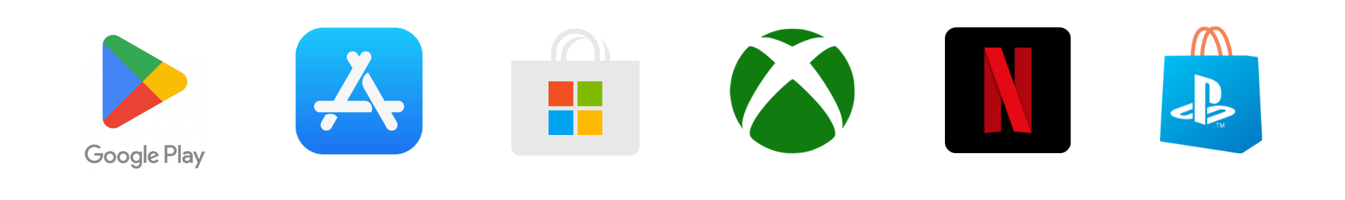 Logos Google Play, App Store, Microsoft Store, Xbox, Netflix et Playstation Store